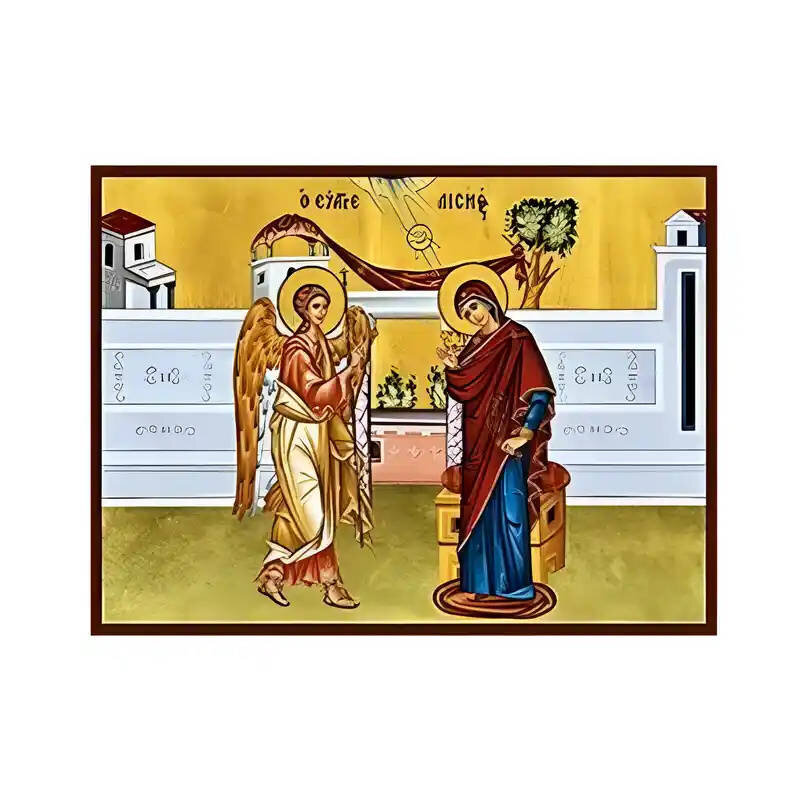 Σετ των 2 Εικόνα Ορθοδοξίας με περίγραμμα χρυσό σε ξύλο Φλαμουρίας  με  βάση Εικόνα Ευαγγελισμός της Θεοτόκου Χειροποίητη Ελληνορθόδοξη , Κρεμαστή πλάκα βυζαντινής τέχνης, χριστιανική τέχνη Διάσταση 10x7 cm (3,9 x 2,8 ίντσες) INTRAEK-671347