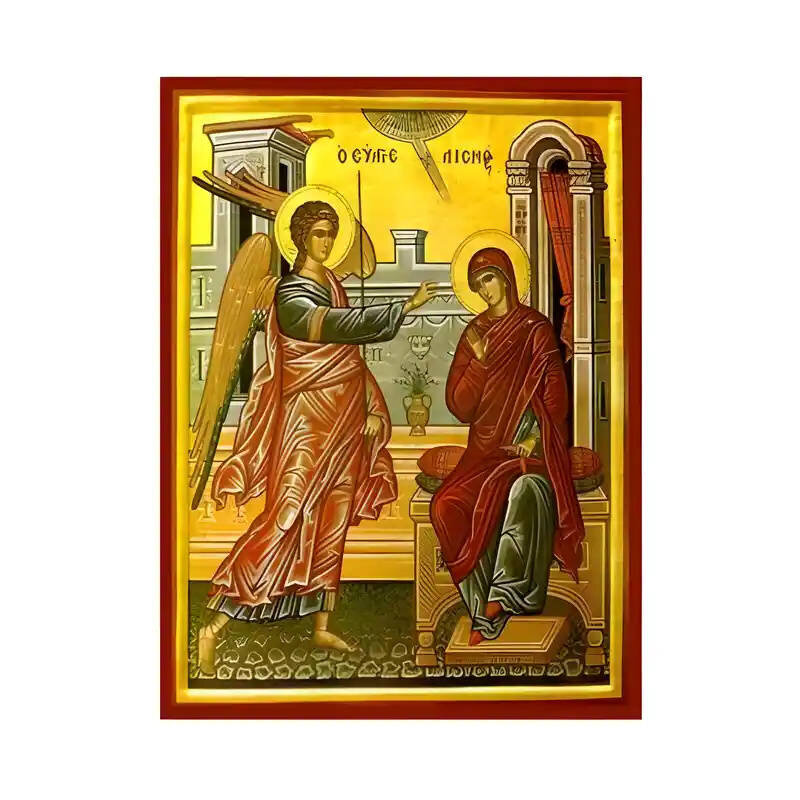 Σετ των 2 Εικόνα Ορθοδοξίας με περίγραμμα χρυσό σε ξύλο Φλαμουρίας  με  βάση Εικόνα Ευαγγελισμός της Θεοτόκου Χειροποίητη Ελληνορθόδοξη , Κρεμαστή πλάκα βυζαντινής τέχνης, χριστιανική τέχνη Διάσταση 10x7 cm (3,9 x 2,8 ίντσες) INTRAEK-671346