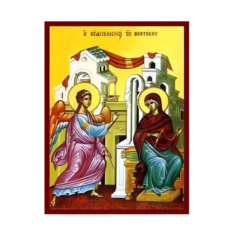 Σετ των 2 Εικόνα Ορθοδοξίας με περίγραμμα χρυσό σε ξύλο Φλαμουρίας  με  βάση Εικόνα Ευαγγελισμός της Θεοτόκου Χειροποίητη Ελληνορθόδοξη , Κρεμαστή πλάκα βυζαντινής τέχνης, χριστιανική τέχνη Διάσταση 10x7 cm (3,9 x 2,8 ίντσες) INTRAEK-671344