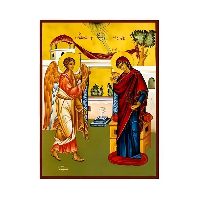 Σετ των 2 Εικόνα Ορθοδοξίας με περίγραμμα χρυσό σε ξύλο Φλαμουρίας  με  βάση Εικόνα Ευαγγελισμός της Θεοτόκου Χειροποίητη Ελληνορθόδοξη , Κρεμαστή πλάκα βυζαντινής τέχνης, χριστιανική τέχνη Διάσταση 10x7 cm (3,9 x 2,8 ίντσες) INTRAEK-671343