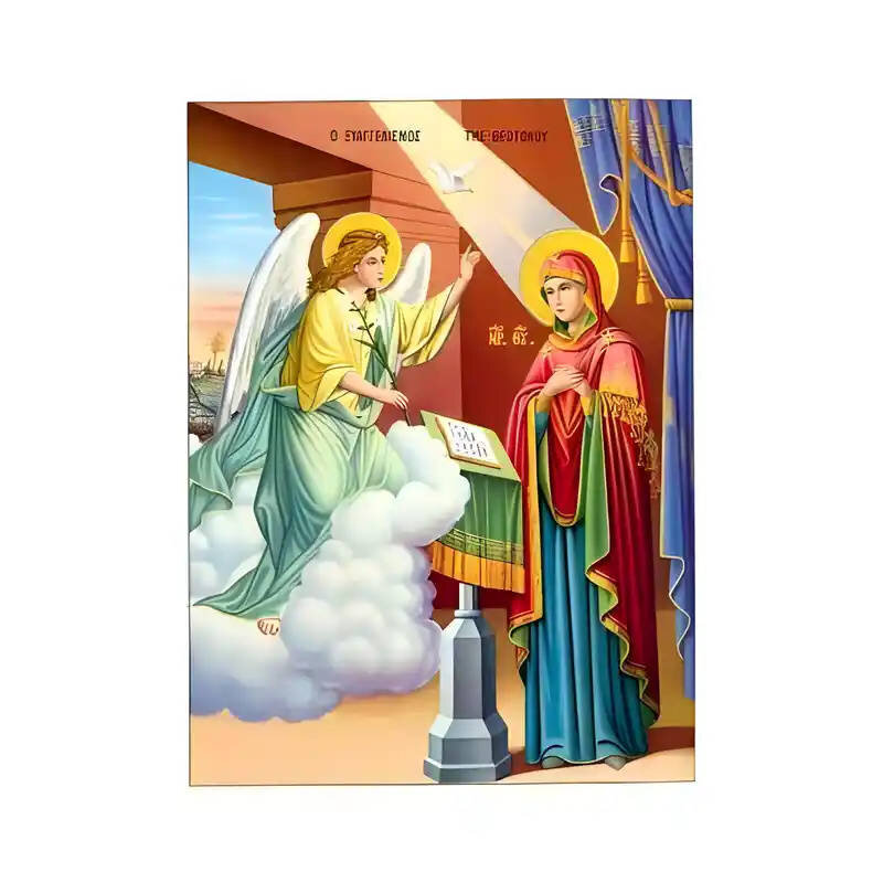 Σετ των 2 Εικόνα Ορθοδοξίας με περίγραμμα χρυσό σε ξύλο Φλαμουρίας  με  βάση Εικόνα Ευαγγελισμός της Θεοτόκου Χειροποίητη Ελληνορθόδοξη , Κρεμαστή πλάκα βυζαντινής τέχνης, χριστιανική τέχνη Διάσταση 10x7 cm (3,9 x 2,8 ίντσες) INTRAEK-671342