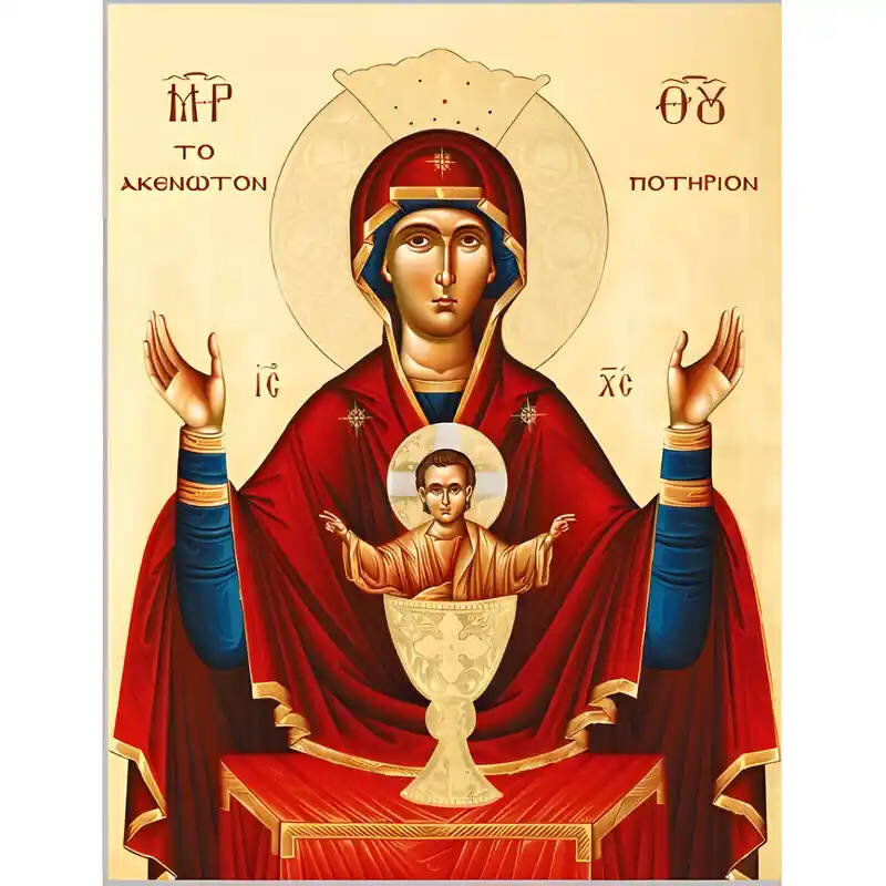 Σετ των 2 Εικόνα Ορθοδοξίας με περίγραμμα χρυσό σε ξύλο Φλαμουρίας  με  βάση Εικόνα Παναγία Ακένωτον Ποτήριον Χειροποίητη Ελληνορθόδοξη , Κρεμαστή πλάκα βυζαντινής τέχνης, χριστιανική τέχνη Διάσταση 10x7 cm (3,9 x 2,8 ίντσες) INTRAEK-671332