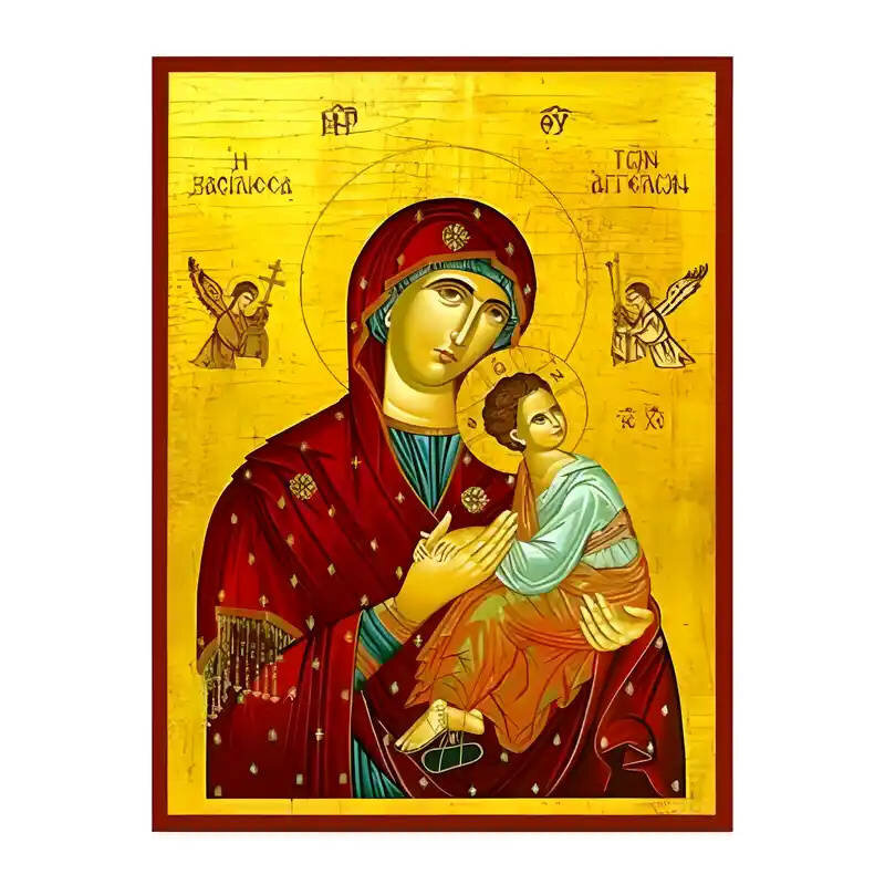 Σετ των 2 Εικόνα Ορθοδοξίας με περίγραμμα χρυσό σε ξύλο Φλαμουρίας  με  βάση Εικόνα Παναγία Βασίλισσα των Αγγέλων Χειροποίητη Ελληνορθόδοξη , Κρεμαστή πλάκα βυζαντινής τέχνης, χριστιανική τέχνη Διάσταση 10x7 cm (3,9 x 2,8 ίντσες) INTRAEK-671327