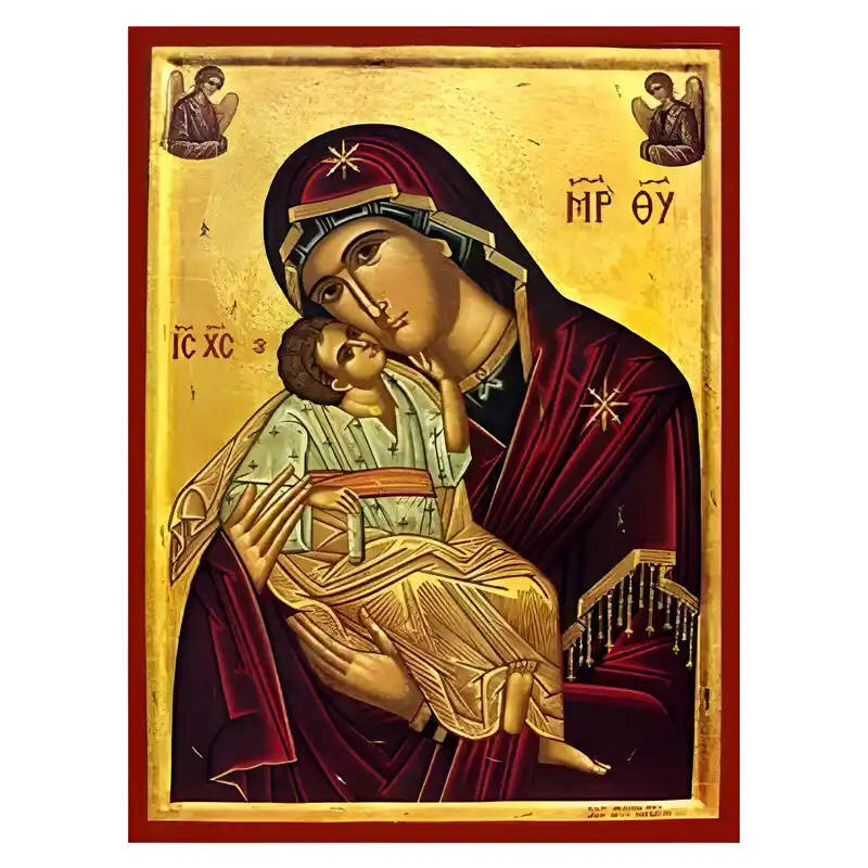 Σετ των 2 Εικόνα Ορθοδοξίας με περίγραμμα χρυσό σε ξύλο Φλαμουρίας  με  βάση Εικόνα Παναγία Γλυκοφιλούσα Χειροποίητη Ελληνορθόδοξη , Κρεμαστή πλάκα βυζαντινής τέχνης, χριστιανική τέχνη Διάσταση 10x7 cm (3,9 x 2,8 ίντσες) INTRAEK-671319