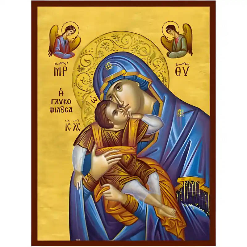 Σετ των 2 Εικόνα Ορθοδοξίας με περίγραμμα χρυσό σε ξύλο Φλαμουρίας  με  βάση Εικόνα Παναγία Γλυκοφιλούσα Χειροποίητη Ελληνορθόδοξη , Κρεμαστή πλάκα βυζαντινής τέχνης, χριστιανική τέχνη Διάσταση 10x7 cm (3,9 x 2,8 ίντσες) INTRAEK-671310