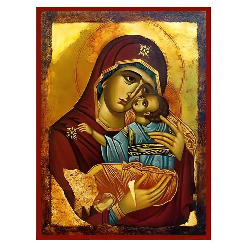 Σετ των 2 Εικόνα Ορθοδοξίας με περίγραμμα χρυσό σε ξύλο Φλαμουρίας  με  βάση Εικόνα Παναγία Γλυκοφιλούσα Χειροποίητη Ελληνορθόδοξη , Κρεμαστή πλάκα βυζαντινής τέχνης, χριστιανική τέχνη Διάσταση 10x7 cm (3,9 x 2,8 ίντσες) INTRAEK-671307