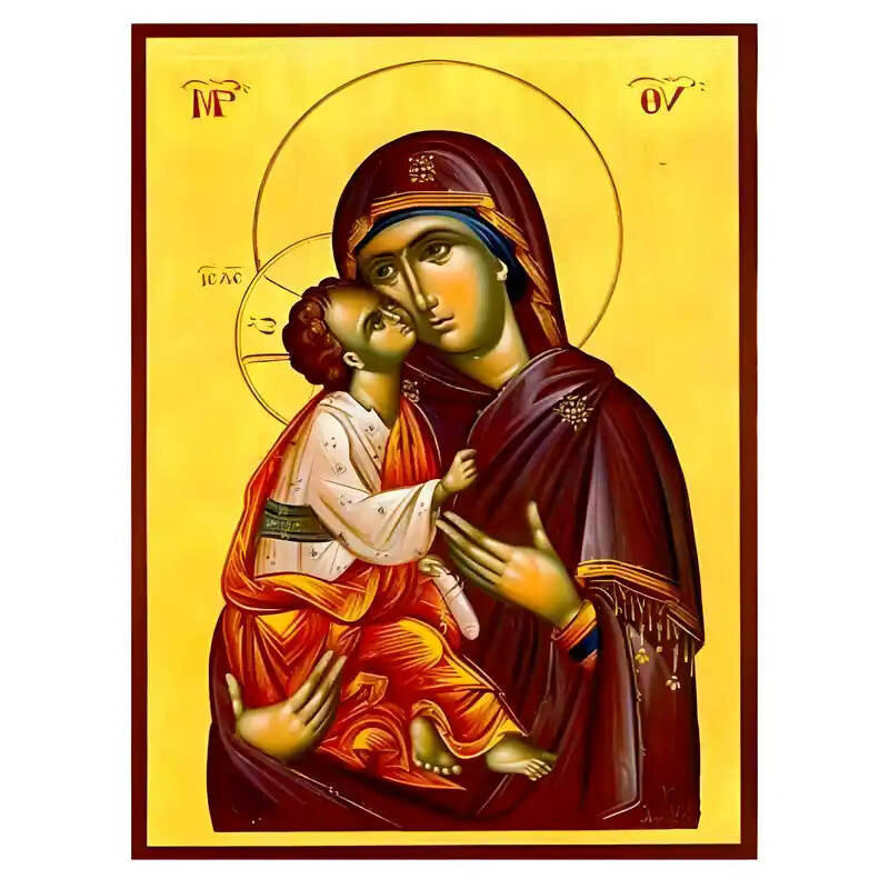 Σετ των 2 Εικόνα Ορθοδοξίας με περίγραμμα χρυσό σε ξύλο Φλαμουρίας  με  βάση Εικόνα Παναγία Γλυκοφιλούσα Χειροποίητη Ελληνορθόδοξη , Κρεμαστή πλάκα βυζαντινής τέχνης, χριστιανική τέχνη Διάσταση 10x7 cm (3,9 x 2,8 ίντσες) INTRAEK-671305