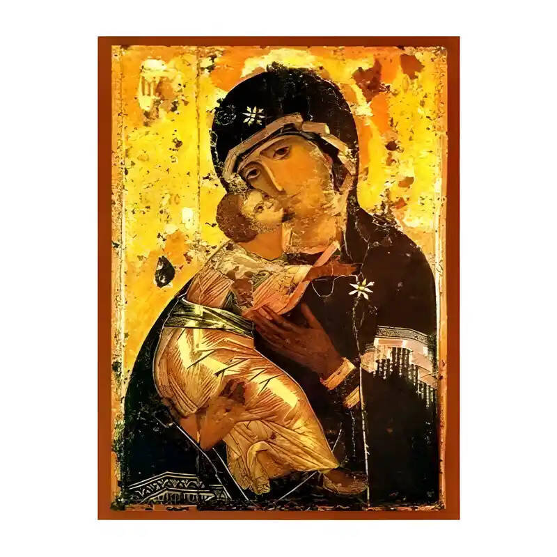 Σετ των 2 Εικόνα Ορθοδοξίας με περίγραμμα χρυσό σε ξύλο Φλαμουρίας  με  βάση Εικόνα Παναγία Γλυκοφιλούσα, Βλαδιμίρ Χειροποίητη Ελληνορθόδοξη , Κρεμαστή πλάκα βυζαντινής τέχνης, χριστιανική τέχνη Διάσταση 10x7 cm (3,9 x 2,8 ίντσες) INTRAEK-671300