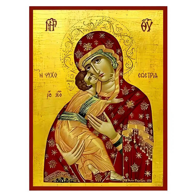 Σετ των 2 Εικόνα Ορθοδοξίας με περίγραμμα χρυσό σε ξύλο Φλαμουρίας  με  βάση Εικόνα Παναγία Γλυκοφιλούσα, Ψυχοσώστρια Χειροποίητη Ελληνορθόδοξη , Κρεμαστή πλάκα βυζαντινής τέχνης, χριστιανική τέχνη Διάσταση 10x7 cm (3,9 x 2,8 ίντσες) INTRAEK-671297