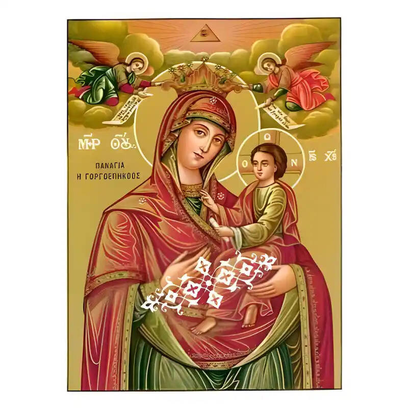 Σετ των 2 Εικόνα Ορθοδοξίας με περίγραμμα χρυσό σε ξύλο Φλαμουρίας  με  βάση Εικόνα Παναγία Γοργοϋπήκοος με Αγγελους Χειροποίητη Ελληνορθόδοξη , Κρεμαστή πλάκα βυζαντινής τέχνης, χριστιανική τέχνη Διάσταση 10x7 cm (3,9 x 2,8 ίντσες) INTRAEK-671291