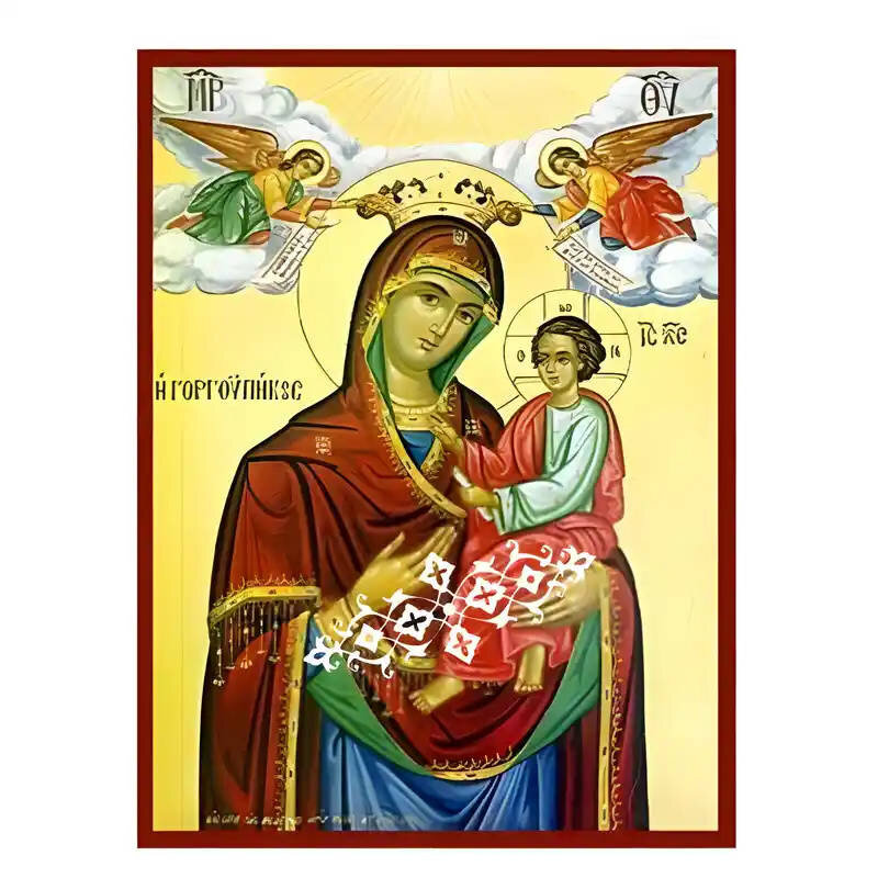 Σετ των 2 Εικόνα Ορθοδοξίας με περίγραμμα χρυσό σε ξύλο Φλαμουρίας  με  βάση Εικόνα Παναγία Γοργοϋπήκοος με Αγγελους Χειροποίητη Ελληνορθόδοξη , Κρεμαστή πλάκα βυζαντινής τέχνης, χριστιανική τέχνη Διάσταση 10x7 cm (3,9 x 2,8 ίντσες) INTRAEK-671290