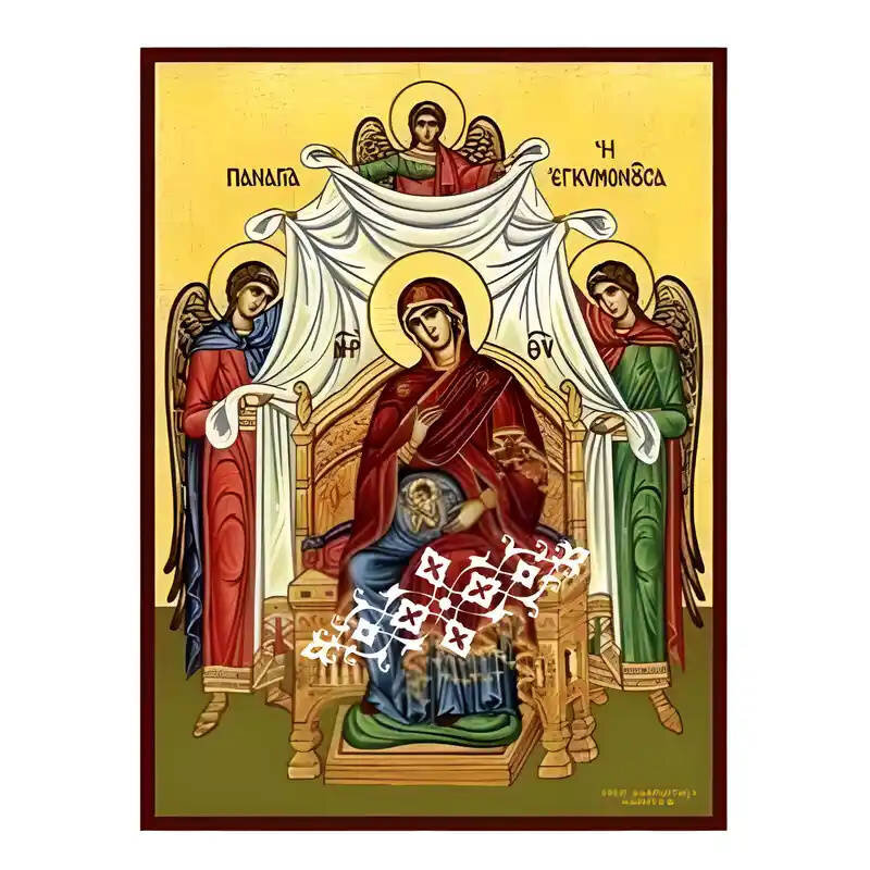 Σετ των 2 Εικόνα Ορθοδοξίας με περίγραμμα χρυσό σε ξύλο Φλαμουρίας  με  βάση Εικόνα Παναγια Εγκυμονουσα Ενθρονος Χειροποίητη Ελληνορθόδοξη , Κρεμαστή πλάκα βυζαντινής τέχνης, χριστιανική τέχνη Διάσταση 10x7 cm (3,9 x 2,8 ίντσες) INTRAEK-671289