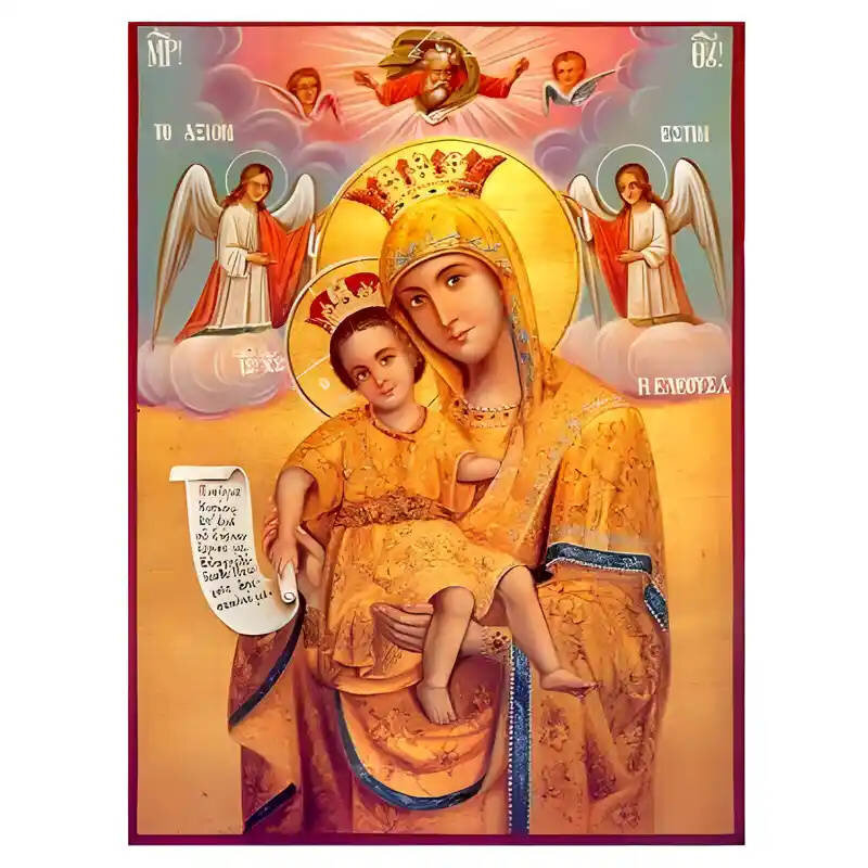 Σετ των 2 Εικόνα Ορθοδοξίας με περίγραμμα χρυσό σε ξύλο Φλαμουρίας  με  βάση Εικόνα Παναγία Ελεούσα, Άξιον Εστί Χειροποίητη Ελληνορθόδοξη , Κρεμαστή πλάκα βυζαντινής τέχνης, χριστιανική τέχνη Διάσταση 10x7 cm (3,9 x 2,8 ίντσες) INTRAEK-671287