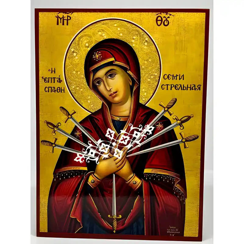 Σετ των 2 Εικόνα Ορθοδοξίας με περίγραμμα χρυσό σε ξύλο Φλαμουρίας  με  βάση Εικόνα Παναγία Επτάσπαθη Χειροποίητη Ελληνορθόδοξη , Κρεμαστή πλάκα βυζαντινής τέχνης, χριστιανική τέχνη Διάσταση 10x7 cm (3,9 x 2,8 ίντσες) INTRAEK-671284