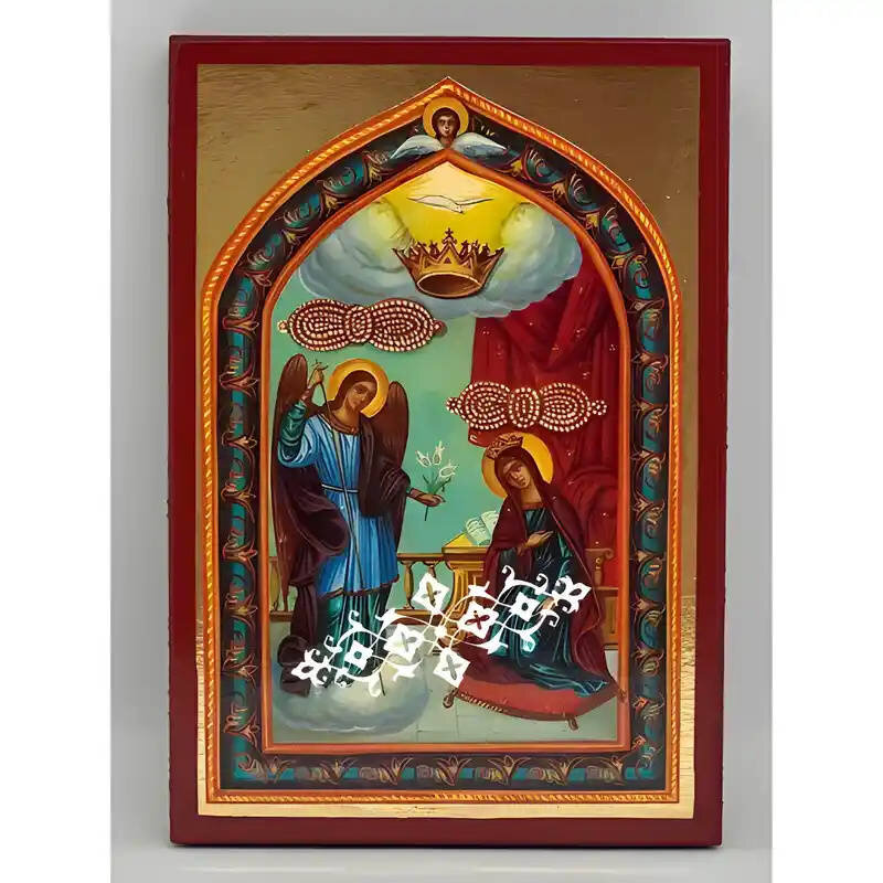 Σετ των 2 Εικόνα Ορθοδοξίας με περίγραμμα χρυσό σε ξύλο Φλαμουρίας  με  βάση Εικόνα Παναγία Ευαγγελίστρια Χειροποίητη Ελληνορθόδοξη , Κρεμαστή πλάκα βυζαντινής τέχνης, χριστιανική τέχνη Διάσταση 10x7 cm (3,9 x 2,8 ίντσες) INTRAEK-671283