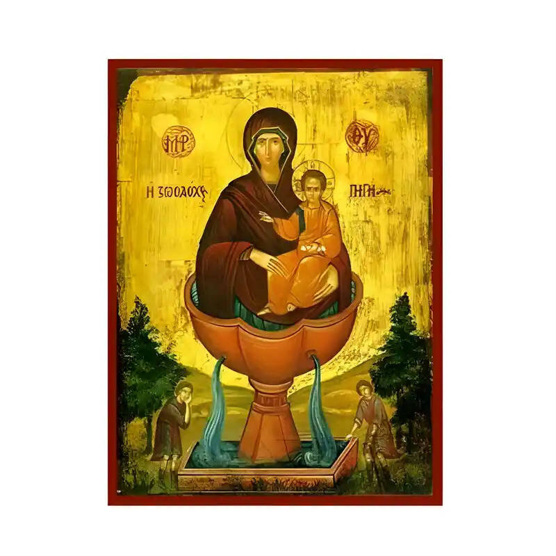 Σετ των 2 Εικόνα Ορθοδοξίας με περίγραμμα χρυσό σε ξύλο Φλαμουρίας  με  βάση Εικόνα Παναγία Ζωοδόχος Πηγή Χειροποίητη Ελληνορθόδοξη , Κρεμαστή πλάκα βυζαντινής τέχνης, χριστιανική τέχνη Διάσταση 10x7 cm (3,9 x 2,8 ίντσες) INTRAEK-671282