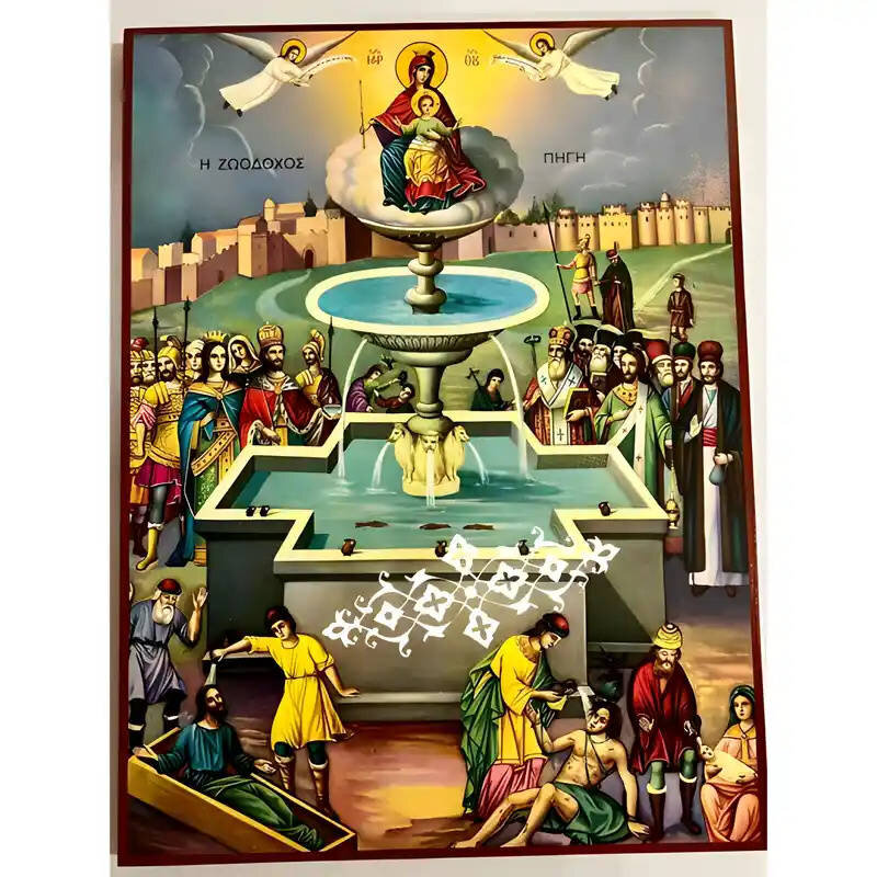 Σετ των 2 Εικόνα Ορθοδοξίας με περίγραμμα χρυσό σε ξύλο Φλαμουρίας  με  βάση Εικόνα Παναγία Ζωοδόχος Πηγή Χειροποίητη Ελληνορθόδοξη , Κρεμαστή πλάκα βυζαντινής τέχνης, χριστιανική τέχνη Διάσταση 10x7 cm (3,9 x 2,8 ίντσες) INTRAEK-671281