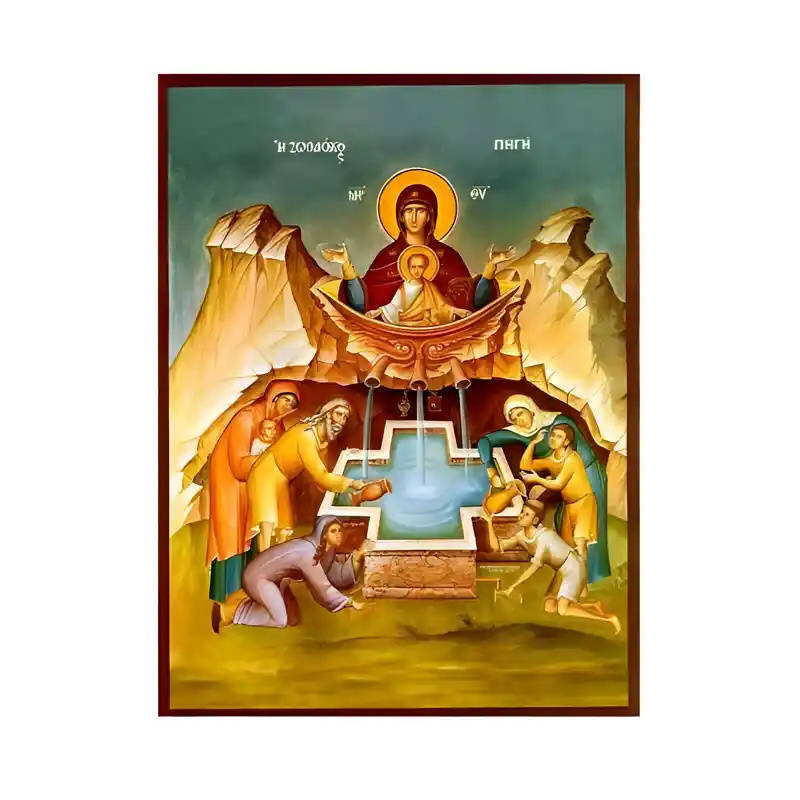 Σετ των 2 Εικόνα Ορθοδοξίας με περίγραμμα χρυσό σε ξύλο Φλαμουρίας  με  βάση Εικόνα Παναγία Ζωοδόχος Πηγή Χειροποίητη Ελληνορθόδοξη , Κρεμαστή πλάκα βυζαντινής τέχνης, χριστιανική τέχνη Διάσταση 10x7 cm (3,9 x 2,8 ίντσες) INTRAEK-671280