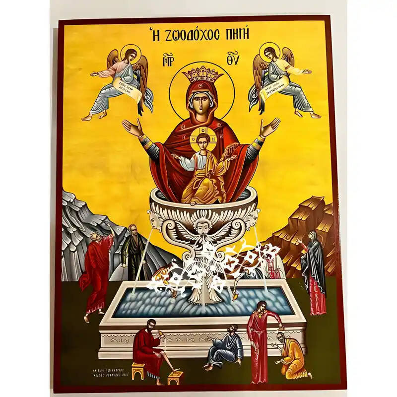 Σετ των 2 Εικόνα Ορθοδοξίας με περίγραμμα χρυσό σε ξύλο Φλαμουρίας  με  βάση Εικόνα Παναγία Ζωοδόχος Πηγή Χειροποίητη Ελληνορθόδοξη , Κρεμαστή πλάκα βυζαντινής τέχνης, χριστιανική τέχνη Διάσταση 10x7 cm (3,9 x 2,8 ίντσες) INTRAEK-671279