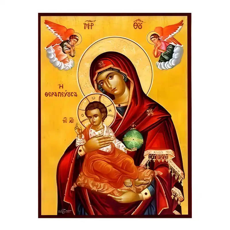 Σετ των 2 Εικόνα Ορθοδοξίας με περίγραμμα χρυσό σε ξύλο Φλαμουρίας  με  βάση Εικόνα Παναγία Θεραπεύουσα Χειροποίητη Ελληνορθόδοξη , Κρεμαστή πλάκα βυζαντινής τέχνης, χριστιανική τέχνη Διάσταση 10x7 cm (3,9 x 2,8 ίντσες) INTRAEK-671270