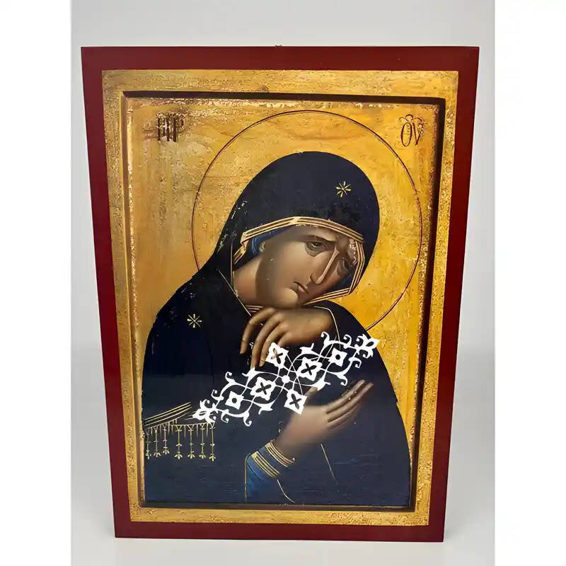 Σετ των 2 Εικόνα Ορθοδοξίας με περίγραμμα χρυσό σε ξύλο Φλαμουρίας  με  βάση Εικόνα Παναγία Θρηνωδούσα Χειροποίητη Ελληνορθόδοξη , Κρεμαστή πλάκα βυζαντινής τέχνης, χριστιανική τέχνη Διάσταση 10x7 cm (3,9 x 2,8 ίντσες) INTRAEK-671269