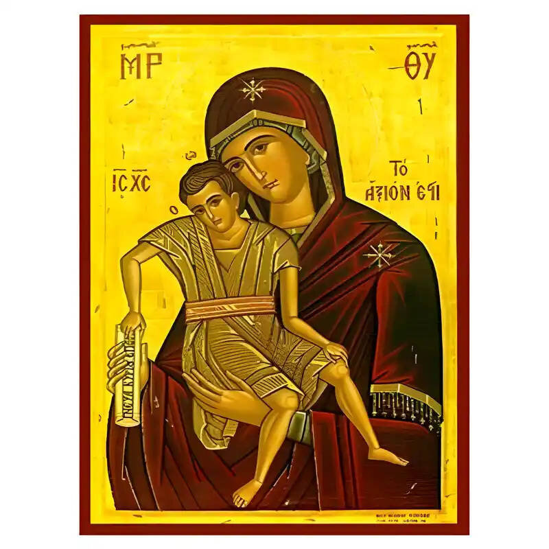Σετ των 2 Εικόνα Ορθοδοξίας με περίγραμμα χρυσό σε ξύλο Φλαμουρίας  με  βάση Εικόνα Παναγία με Χριστό, Άξιον Εστί Χειροποίητη Ελληνορθόδοξη , Κρεμαστή πλάκα βυζαντινής τέχνης, χριστιανική τέχνη Διάσταση 10x7 cm (3,9 x 2,8 ίντσες) INTRAEK-671262