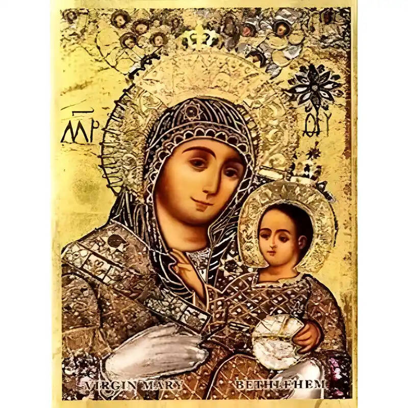 Σετ των 2 Εικόνα Ορθοδοξίας με περίγραμμα χρυσό σε ξύλο Φλαμουρίας  με  βάση Εικόνα Παναγία με Χριστό, Βηθλεέμ Χειροποίητη Ελληνορθόδοξη , Κρεμαστή πλάκα βυζαντινής τέχνης, χριστιανική τέχνη Διάσταση 10x7 cm (3,9 x 2,8 ίντσες) INTRAEK-671261