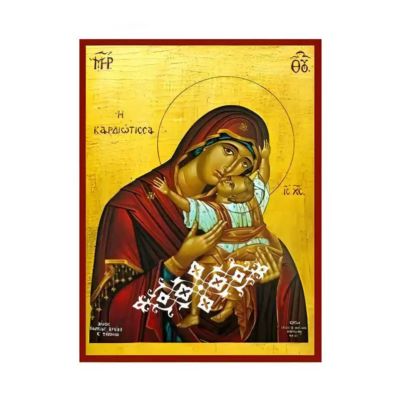 Σετ των 2 Εικόνα Ορθοδοξίας με περίγραμμα χρυσό σε ξύλο Φλαμουρίας  με  βάση Εικόνα Παναγία με Χριστό, Καρδιώτισσα Χειροποίητη Ελληνορθόδοξη , Κρεμαστή πλάκα βυζαντινής τέχνης, χριστιανική τέχνη Διάσταση 10x7 cm (3,9 x 2,8 ίντσες) INTRAEK-671259