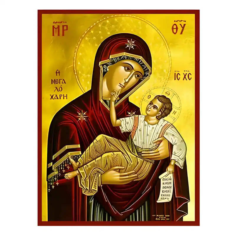Σετ των 2 Εικόνα Ορθοδοξίας με περίγραμμα χρυσό σε ξύλο Φλαμουρίας  με  βάση Εικόνα Παναγία Μεγαλόχαρη Χειροποίητη Ελληνορθόδοξη , Κρεμαστή πλάκα βυζαντινής τέχνης, χριστιανική τέχνη Διάσταση 10x7 cm (3,9 x 2,8 ίντσες) INTRAEK-671252