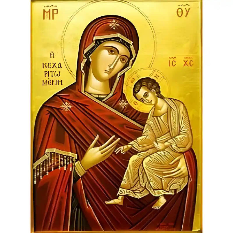 Σετ των 2 Εικόνα Ορθοδοξίας με περίγραμμα χρυσό σε ξύλο Φλαμουρίας  με  βάση Εικόνα Παναγία Οδηγήτρια, Κεχαριτωμένη Χειροποίητη Ελληνορθόδοξη , Κρεμαστή πλάκα βυζαντινής τέχνης, χριστιανική τέχνη Διάσταση 10x7 cm (3,9 x 2,8 ίντσες) INTRAEK-671233