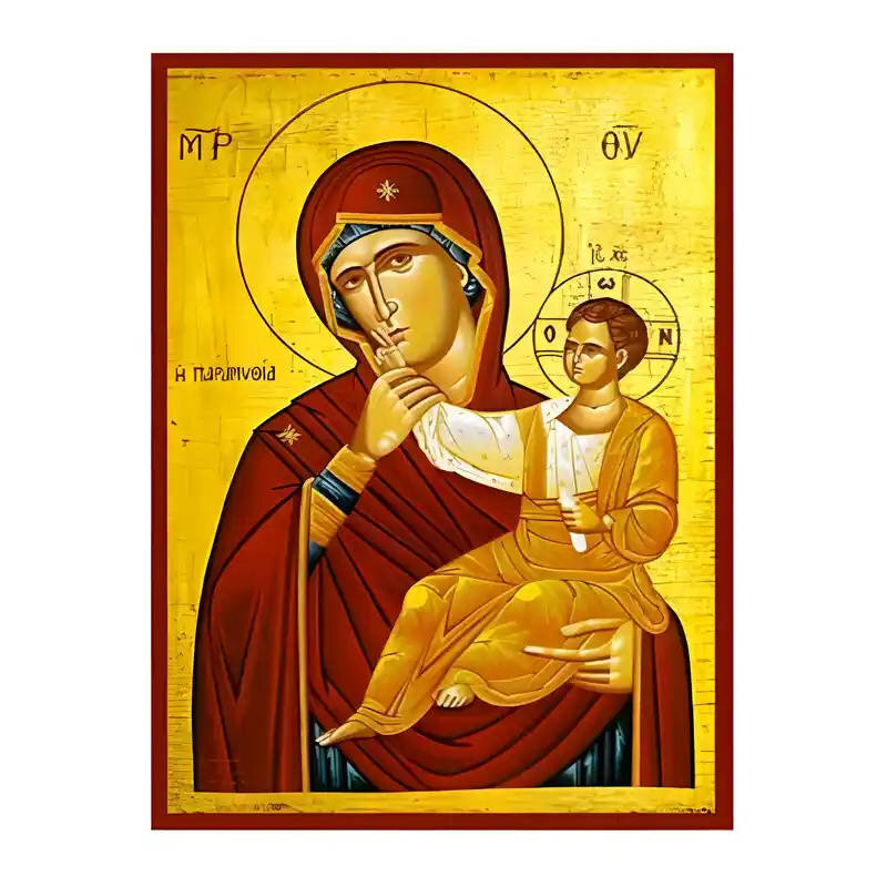 Σετ των 2 Εικόνα Ορθοδοξίας με περίγραμμα χρυσό σε ξύλο Φλαμουρίας  με  βάση Εικόνα Παναγία Παραμυθία Χειροποίητη Ελληνορθόδοξη , Κρεμαστή πλάκα βυζαντινής τέχνης, χριστιανική τέχνη Διάσταση 10x7 cm (3,9 x 2,8 ίντσες) INTRAEK-671227