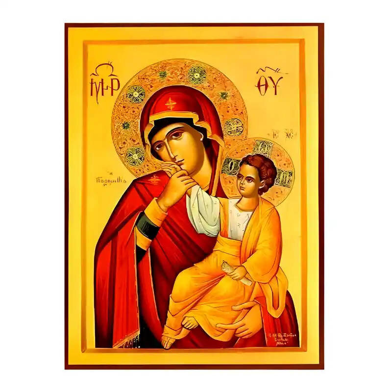 Σετ των 2 Εικόνα Ορθοδοξίας με περίγραμμα χρυσό σε ξύλο Φλαμουρίας  με  βάση Εικόνα Παναγία Παραμυθία Χειροποίητη Ελληνορθόδοξη , Κρεμαστή πλάκα βυζαντινής τέχνης, χριστιανική τέχνη Διάσταση 10x7 cm (3,9 x 2,8 ίντσες) INTRAEK-671225