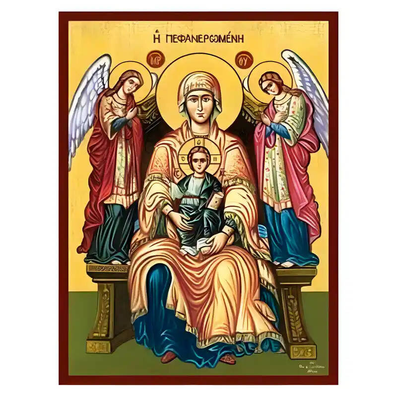 Σετ των 2 Εικόνα Ορθοδοξίας με περίγραμμα χρυσό σε ξύλο Φλαμουρίας  με  βάση Εικόνα Παναγία Πεφανερωμένη Λευκάδος Χειροποίητη Ελληνορθόδοξη , Κρεμαστή πλάκα βυζαντινής τέχνης, χριστιανική τέχνη Διάσταση 10x7 cm (3,9 x 2,8 ίντσες) INTRAEK-671223