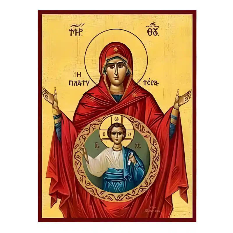 Σετ των 2 Εικόνα Ορθοδοξίας με περίγραμμα χρυσό σε ξύλο Φλαμουρίας  με  βάση Εικόνα Παναγία Πλατυτέρα των Ουρανών Χειροποίητη Ελληνορθόδοξη , Κρεμαστή πλάκα βυζαντινής τέχνης, χριστιανική τέχνη Διάσταση 10x7 cm (3,9 x 2,8 ίντσες) INTRAEK-671216