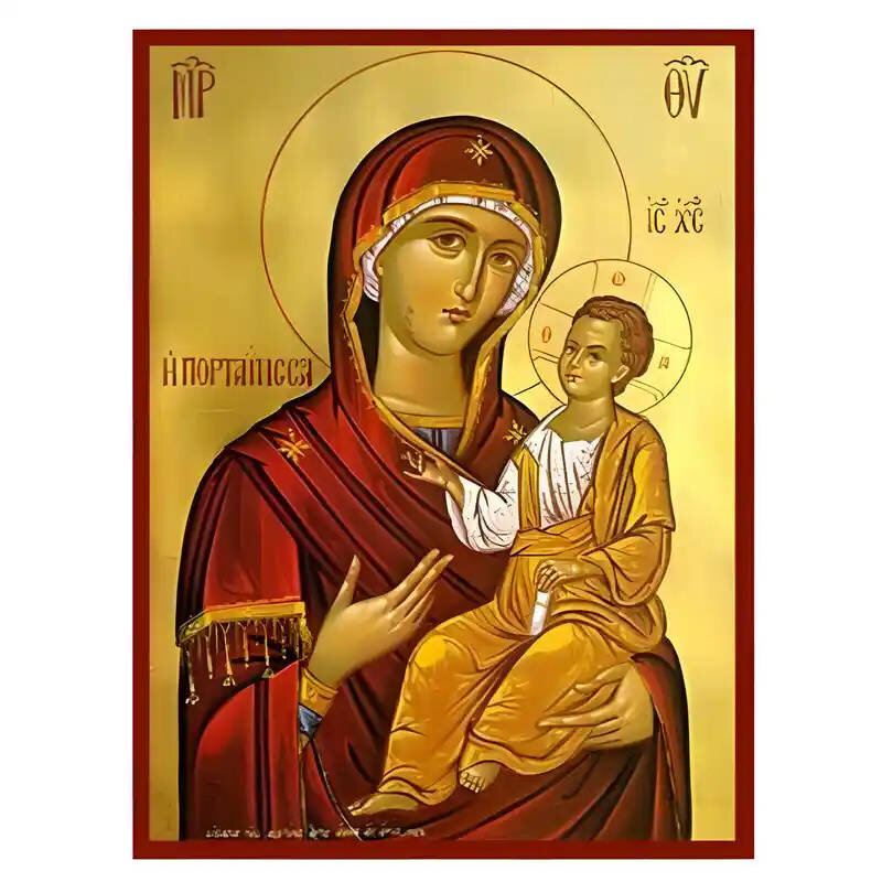 Σετ των 2 Εικόνα Ορθοδοξίας με περίγραμμα χρυσό σε ξύλο Φλαμουρίας  με  βάση Εικόνα Παναγία Πορταΐτισσα των Ιβήρων Χειροποίητη Ελληνορθόδοξη , Κρεμαστή πλάκα βυζαντινής τέχνης, χριστιανική τέχνη Διάσταση 10x7 cm (3,9 x 2,8 ίντσες) INTRAEK-671213