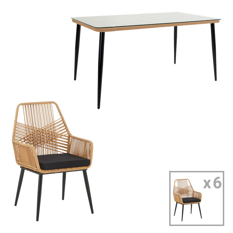 Intrahome Τραπεζαρία Naoki-Tanish Intrahome σετ 7 τμχ rattan φυσικό-μαύρο μέταλλο-γυαλί 160x90x78εκ | SKU: INTRAPA-311111867