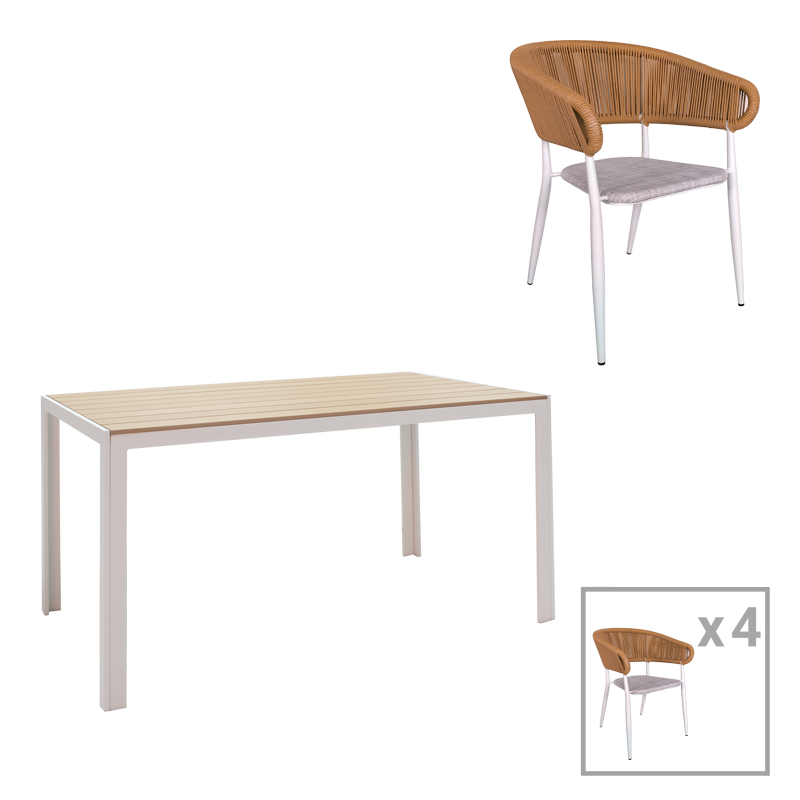 Intrahome Τραπεζαρία Nares-Raven A σετ 5τεμ Intrahome λευκό αλουμίνιο και plywood σε φυσική απόχρωση 140x80x72.5εκ | SKU: INTRAPA-311111033