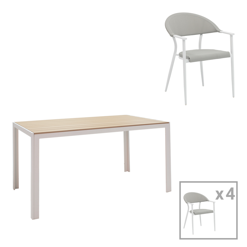 Intrahome Τραπεζαρία Nares-Pino A σετ 5τεμ Intrahome λευκό αλουμίνιο και plywood σε φυσική απόχρωση 140x80x72.5εκ | SKU: INTRAPA-311111030