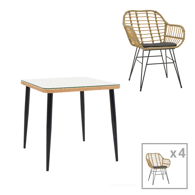 Intrahome Τραπεζαρία Naoki V σετ 5τεμ Intrahome rattan pe σε φυσική απόχρωση και μαύρο μέταλλο 80x80x78εκ | SKU: INTRAPA-311111060