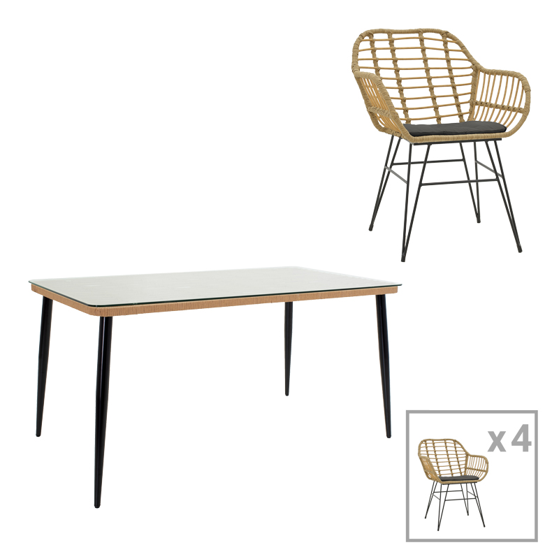 Intrahome Τραπεζαρία Naoki Χ σετ 5τεμ Intrahome rattan pe σε φυσική απόχρωση και μαύρο μέταλλο 160x90x78εκ | SKU: INTRAPA-311111071
