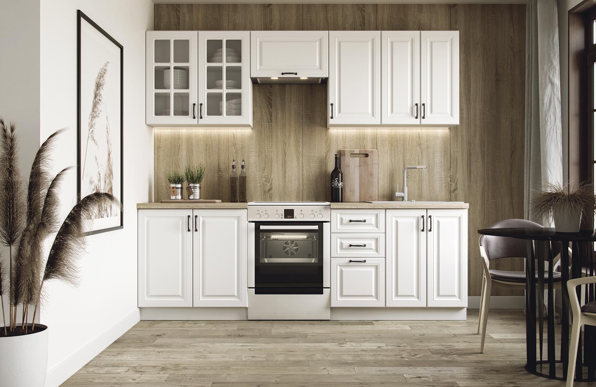 ELIZABETH 240 kitchen set, color: front – white matt, body – white, worktop – sonoma oak DIOMMI V-UA-ELIZABETH_240-BIAŁY DIOMMI-60-22759 ELIZABETH 240 kitchen set, color: front – white matt, body – white, worktop – sonoma oak DIOMMI V-UA-ELIZABETH_240-BIAŁY DIOMMI-60-22759