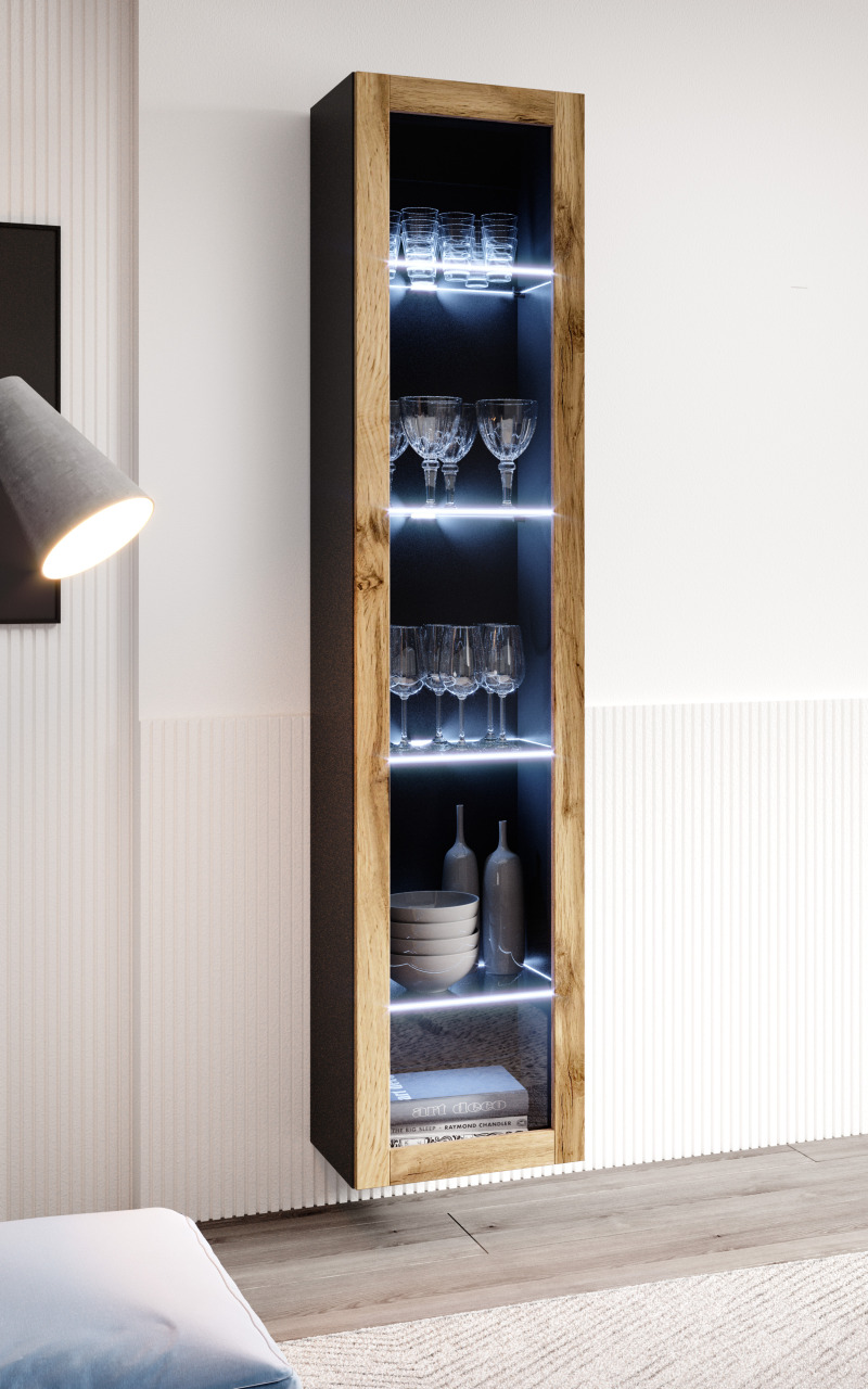 glazed cabinet VIGO WITR. SZKŁO 180 black/ wotan oak DIOMMI CAMA-VIGO-WITRYNA-SZKŁO-CZARNY/DAB WOTAN DIOMMI-60-20186