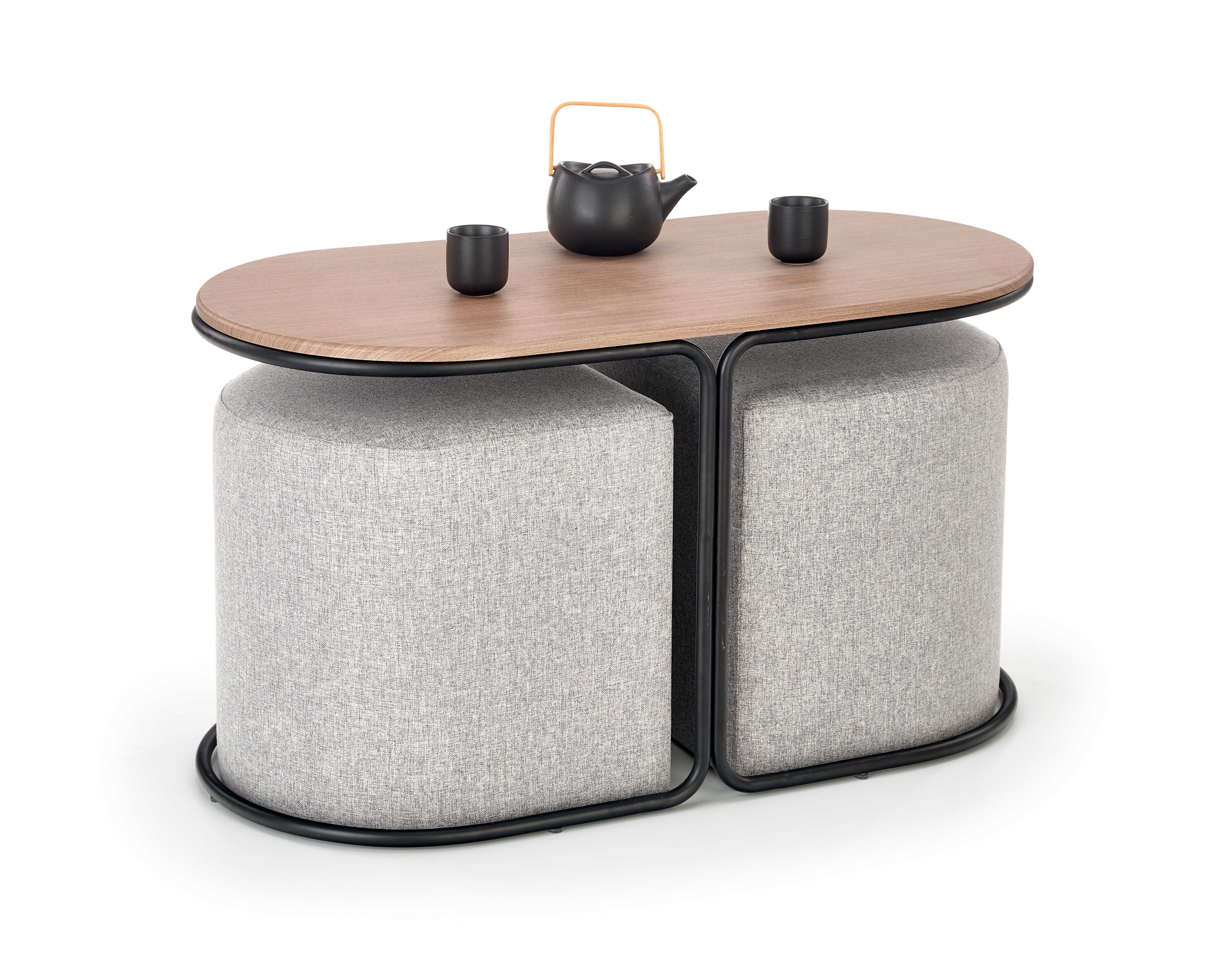 PAMPA, coffee table with pouffes, top: walnut, legs: black, pouffe: grey DIOMMI V-CH-PAMPA-LAW DIOMMI-60-21654