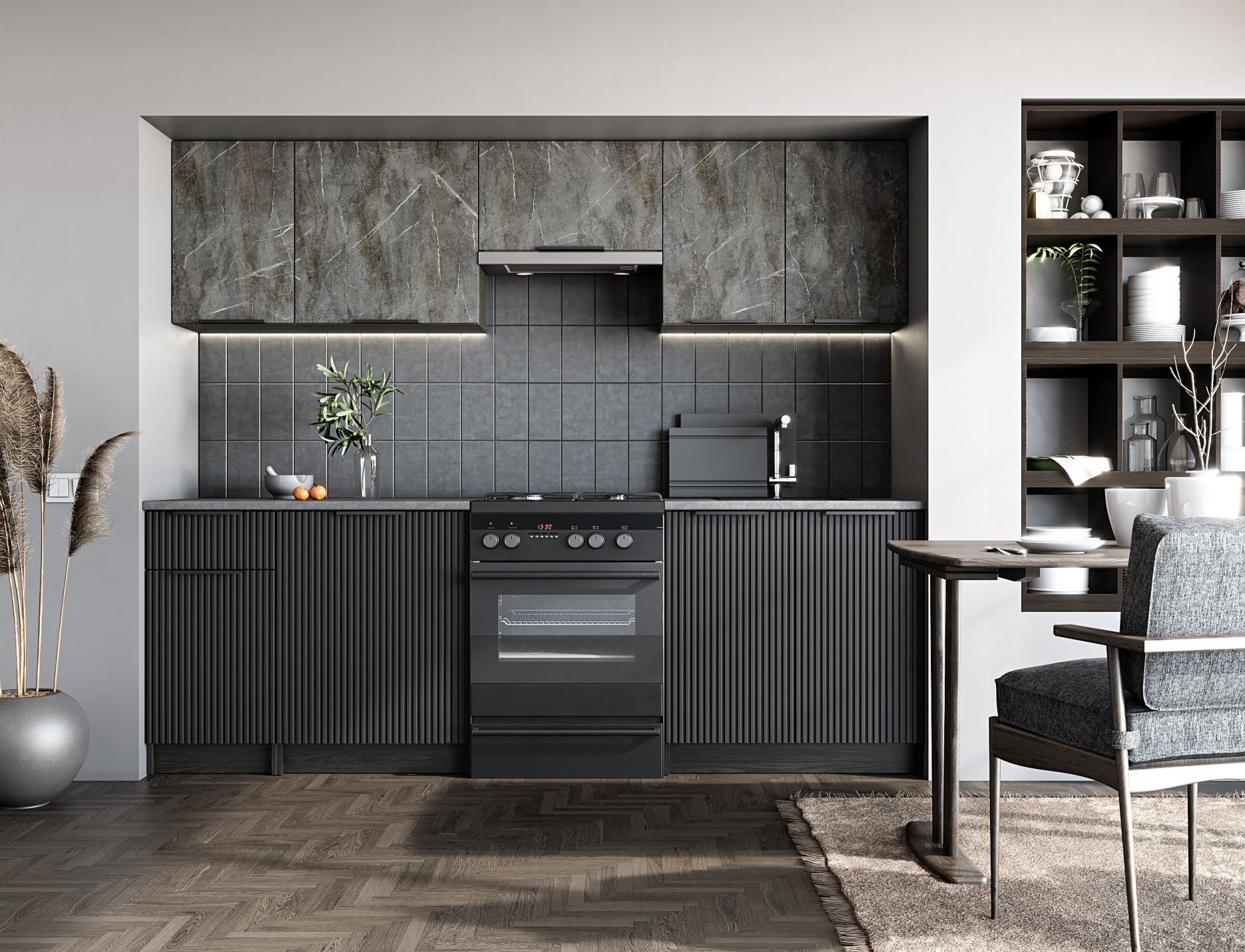 TAMARA 240 kitchen set, color: front – grey marble / black, body – carbon wood, worktop – grey DIOMMI-60-24966