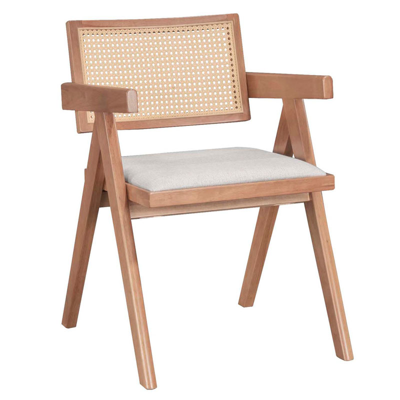 Πολυθρόνα Winslow pakoworld ξύλο rubberwood ανοικτό καρυδί-pvc rattan φυσικό-ύφασμα γκρι 247-000004