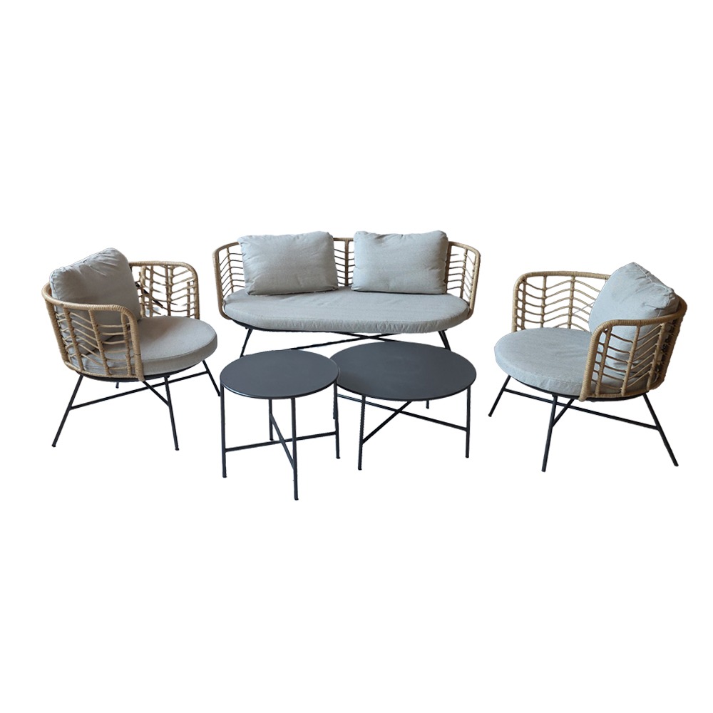 Artekko Rattan Διθέσιος Καναπές (155x75x73)cm 2x Πολυθρόνες (80x75x73)cm 2x Τραπεζάκια (70x70x35) (50x50x45)cm Μεταλλικός Γκρι Σκελετός με Παστικ. Ρατάν σε Φυσική Απόχρωση και Μπεζ Γκρι Μαξιλάρια Σετ/4 Artekko 248-6000