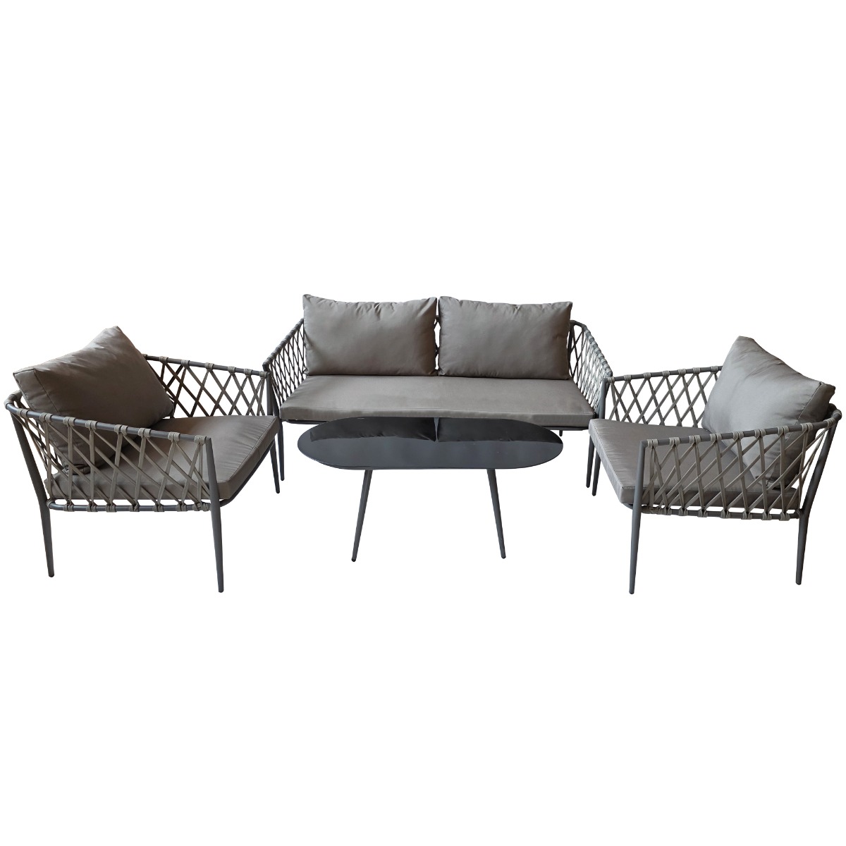 Artekko Rattan Καναπές (160x75x72)cm 2x Πολυθρόνες (76x75x72)cm Τραπέζι με Τζάμι (110x55x42)cm με Πλαστικ Κορδόνι Μεταλλικό Σκελετό Γκρι και Γκρι Μαξιλάρι Σετ/4 Artekko 248-6004