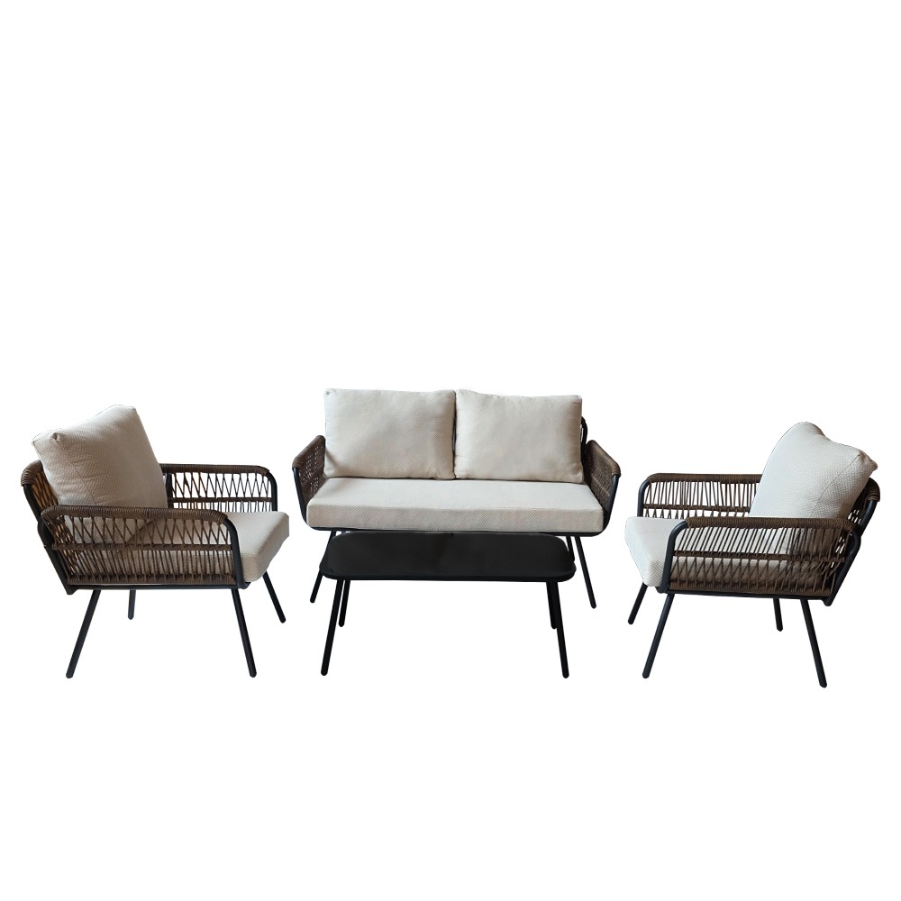 Artekko Rattan Καναπές (140x75x75)cm 2x Πολυθρόνες (66x75x75)cm Τραπέζι με Τζάμι (91x51x40)cm με Πλαστικ Κορδόνι Μεταλλικό  Μαύρο Σκελετό και Μπεζ Μαξιλάρι Σετ/4 Artekko 248-6006