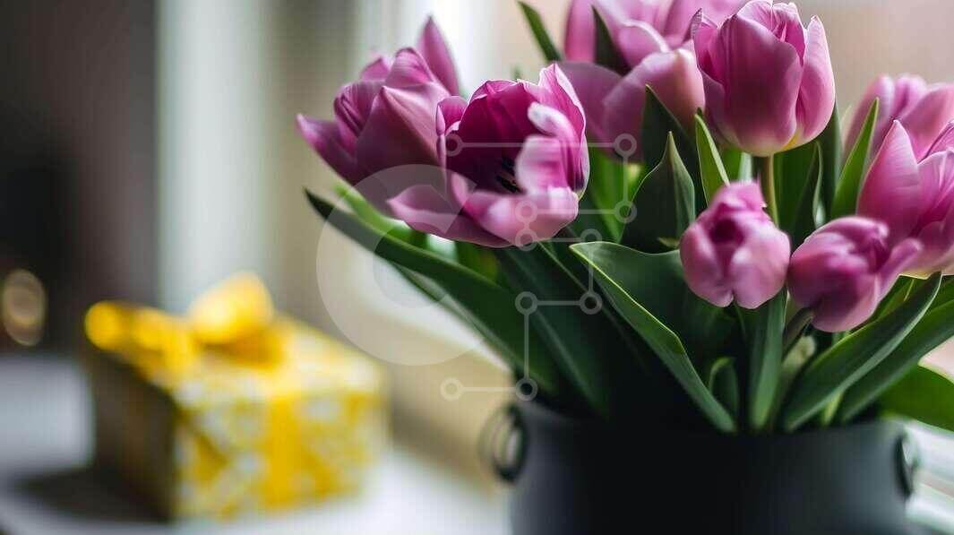 Intra Συλλεκτικό Ξύλινο Παζλ Plywood  4mm - Ροζ τουλίπες σε μαύρο βάζο με κίτρινο κουτί δώρου Σε Ξύλινο Κουτί - Διαστάσεις Puzzle: 10x10 cm – 25 κομμάτια