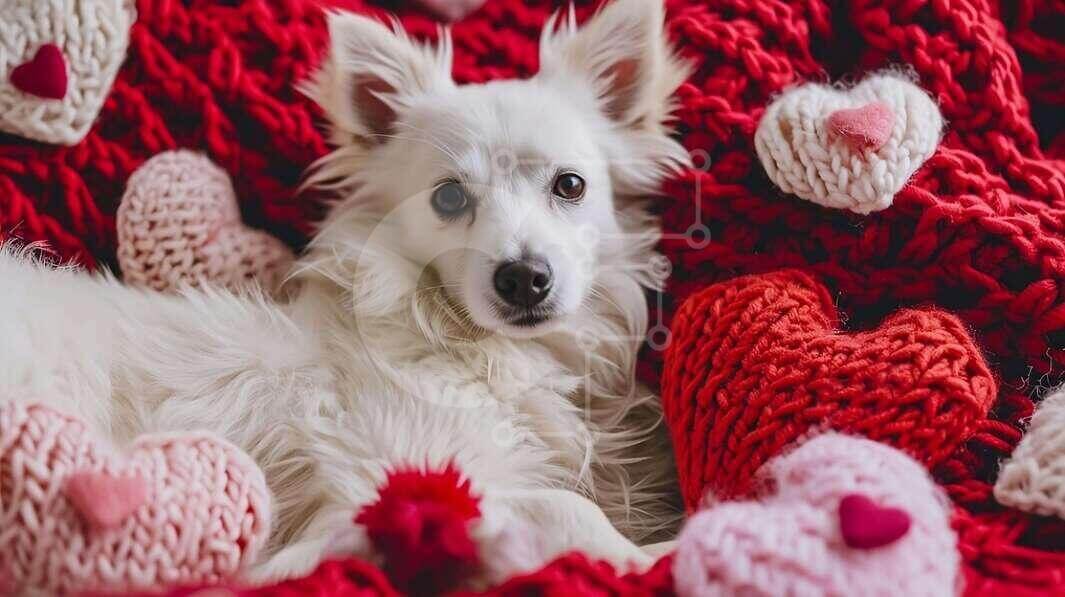 Σετ των 2 Intra Συλλεκτικό Ξύλινο Παζλ Plywood  4mm - Χνουδωτό λευκό σκυλί σε μια ζεστή κόκκινη κουβέρτα με καρδιές Σε Ξύλινο Κουτί - Διαστάσεις: 10x10 cm – 25 κομμάτια